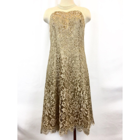 Ann Taylor Gold Lace Sweetheart Neckline Dress 6 - Picture 1 of 8